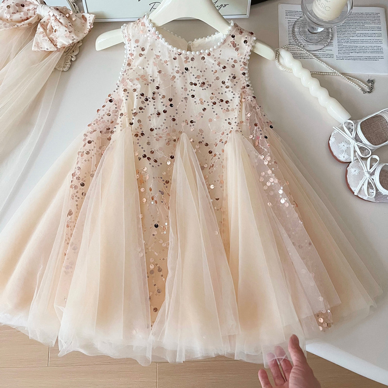 Baby Clothing Dresser - ฤดูร้อนใหม่เด็กผู้หญิงชุดเดรสแขนกุดตาข่ายมุกเด็กผู้หญิงลูกไม้และเครื่องประดับมุกแฟชั่นสไตล์เสื้อกั๊กชุดเจ้าหญิง 2-8 ปี