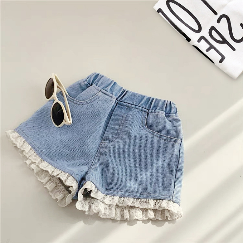 Baby Clothing Patterns Free - กางเกงยีนส์ขาสั้นเด็กผู้หญิง แฟชั่นฤดูร้อน ลายพิมพ์สีฟ้า แต่งลูกไม้