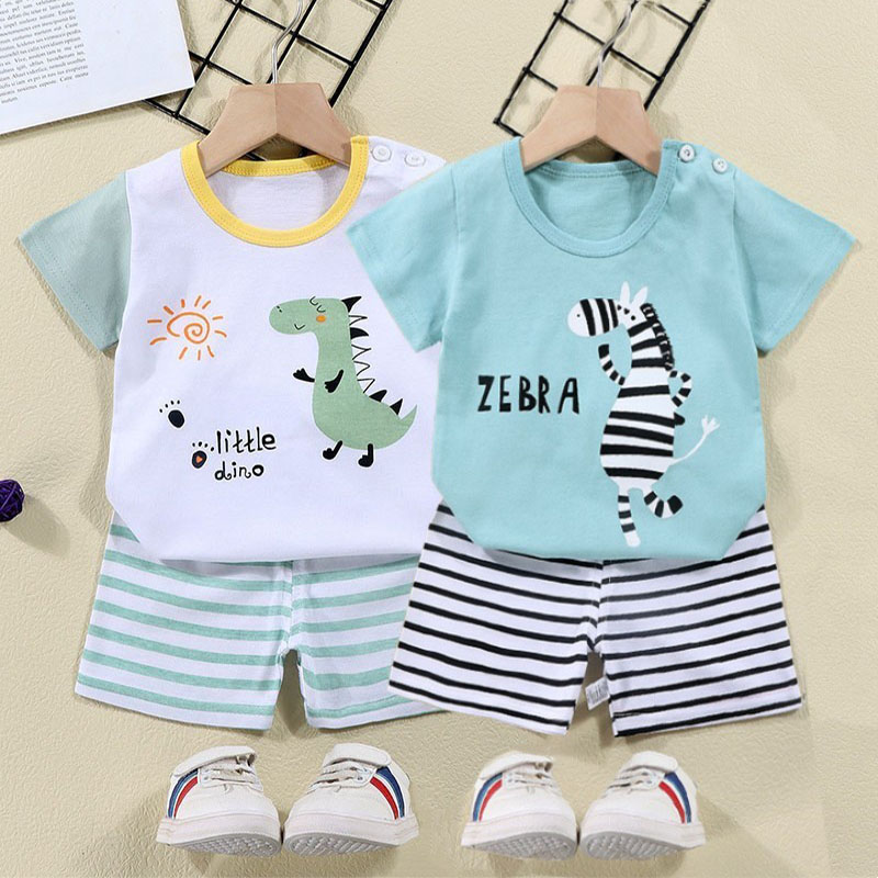 Baby Clothing Gift Set - ผ้าฝ้ายTees + กางเกงขาสั้น 2 ชิ้นชุดเด็กการ์ตูนZebraไดโนเสาร์พิมพ์ฤดูร้อนชุดเด็กชายหญิงเด็ก 1-6