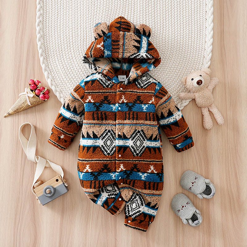 Baby Xmas Clothing - ทารกแรกเกิดทารกRomperฤดูหนาวคริสต์มาส0-18เดือนตารางชาติพันธุ์Fair Isleสไตล์HoodedหูแขนยาวทารกแรกเกิดOneชิ้น