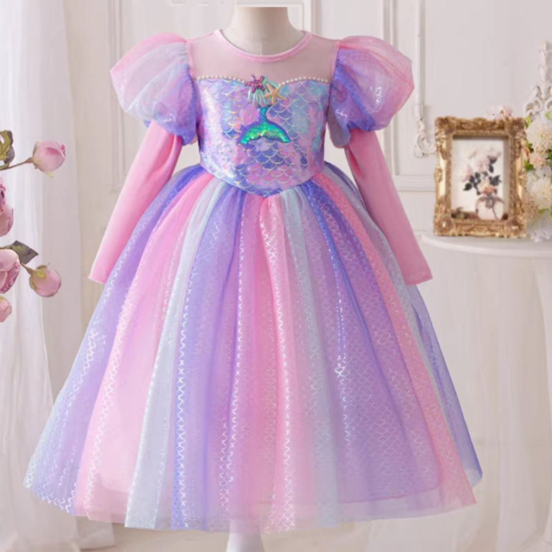 Baby Clothing Dresser - ชุดเดรสนางเงือกสีชมพู 2026 ชุดเดรสเด็กผู้หญิงแบบใหม่ แต่งเลื่อมไล่เฉดสี แขนยาวและแขนสั้น สำหรับงานปาร์ตี้