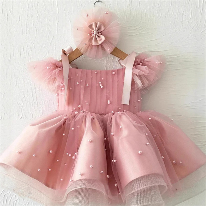Baby Xmas Clothing - ชุดเดรสเด็กผู้หญิงเจ้าหญิงผ้าทูลล์ประดับมุกและโบว์ ชุดเดรสสำหรับงานพิธีศีลมหาสนิท งานวันเกิด ของขวัญคริสต์มาส งานแต่งงาน งานเลี้ยงวันเกิด
