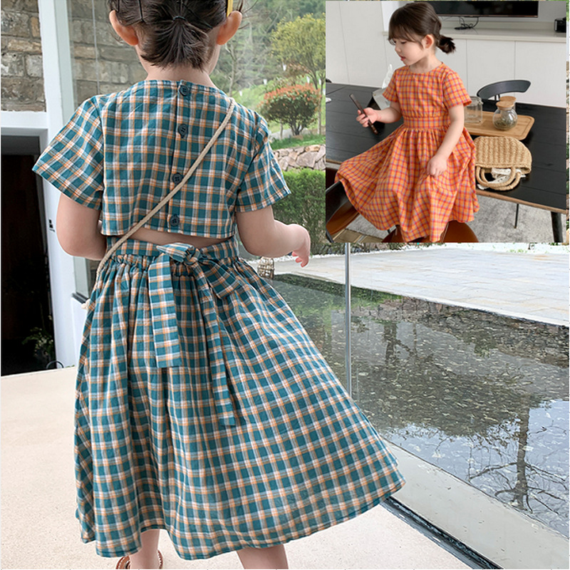 Baby Clothing Patterns Free - ชุดเดรสแขนสั้นผูกเชือกลายสก็อตสำหรับผ้าฝ้ายเด็กผู้หญิง2-8ปี, ชุดลำลองฤดูร้อน