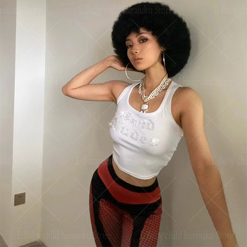 Baby Y2K Clothing - Y2K rhinestoneพิมพ์Crop Topผู้หญิงฤดูร้อนเด็กTee Vintage Grunge Slimเสื้อยืด