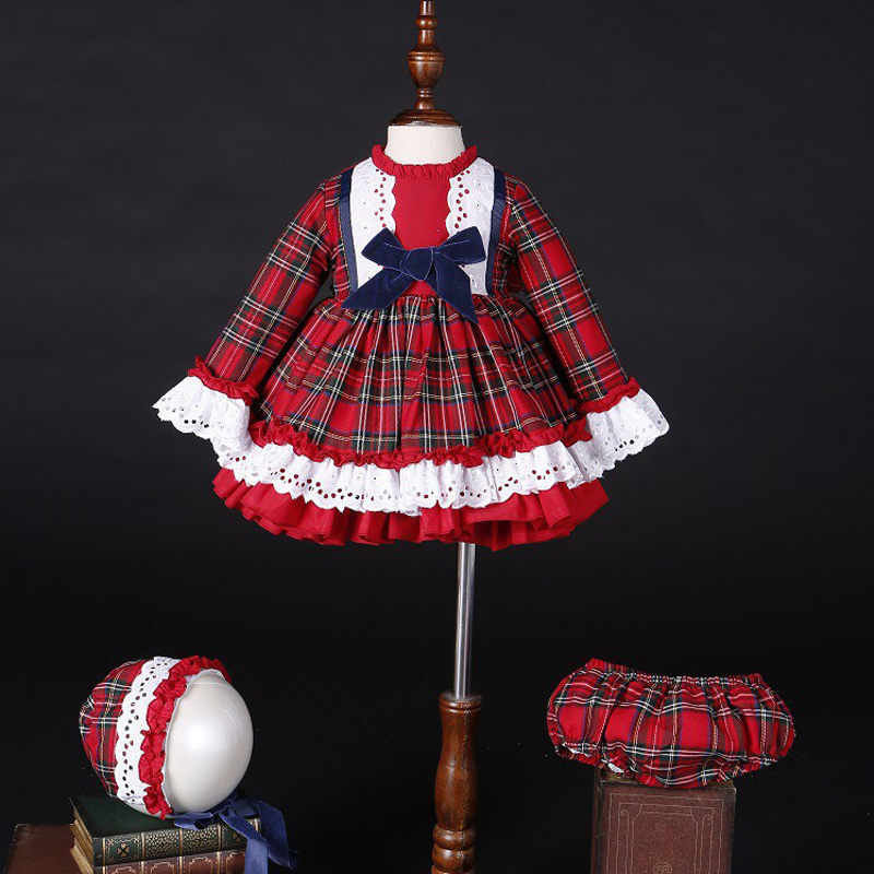Baby Clothing Dresser - เด็กผู้หญิงฤดูใบไม้ร่วงฤดูหนาวคริสต์มาสลายสก๊อตสีแดงวินเทจสเปนปอมปอมบอลชุดเจ้าหญิงผ้าฝ้ายโลลิต้าเสื้อผ้าปาร์ตี้หมวกกางเกง C5